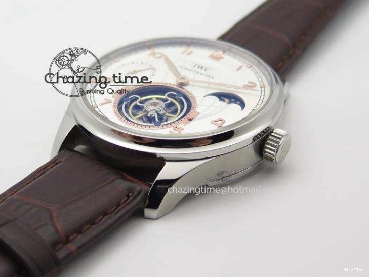 MIROTIME 0213 Chic Portuguese Tourbillon Power Reserve Moonphase SS White Dial Gold Numbers On Black Leather Strap 7319
